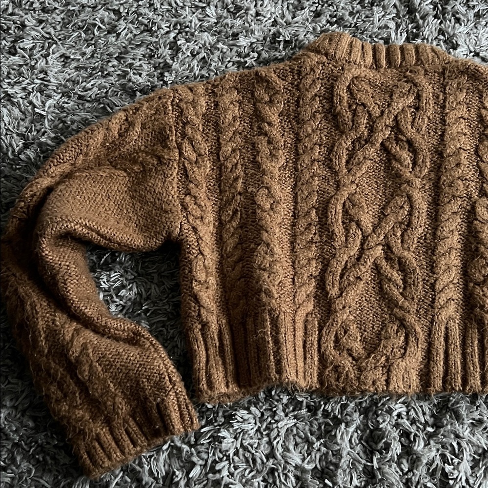 Cable Knit Cropped Sweater - Brown - image 8